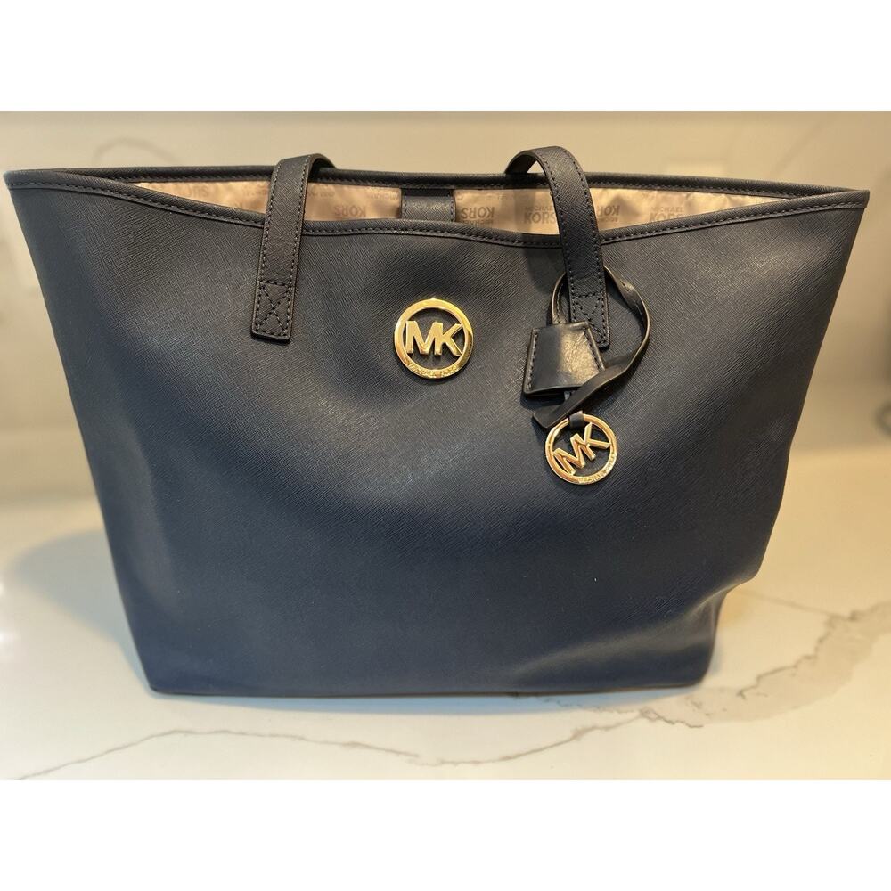 Michael Kors Navy Blue Saffiano Leather Large Jet Set Travel Tote bag